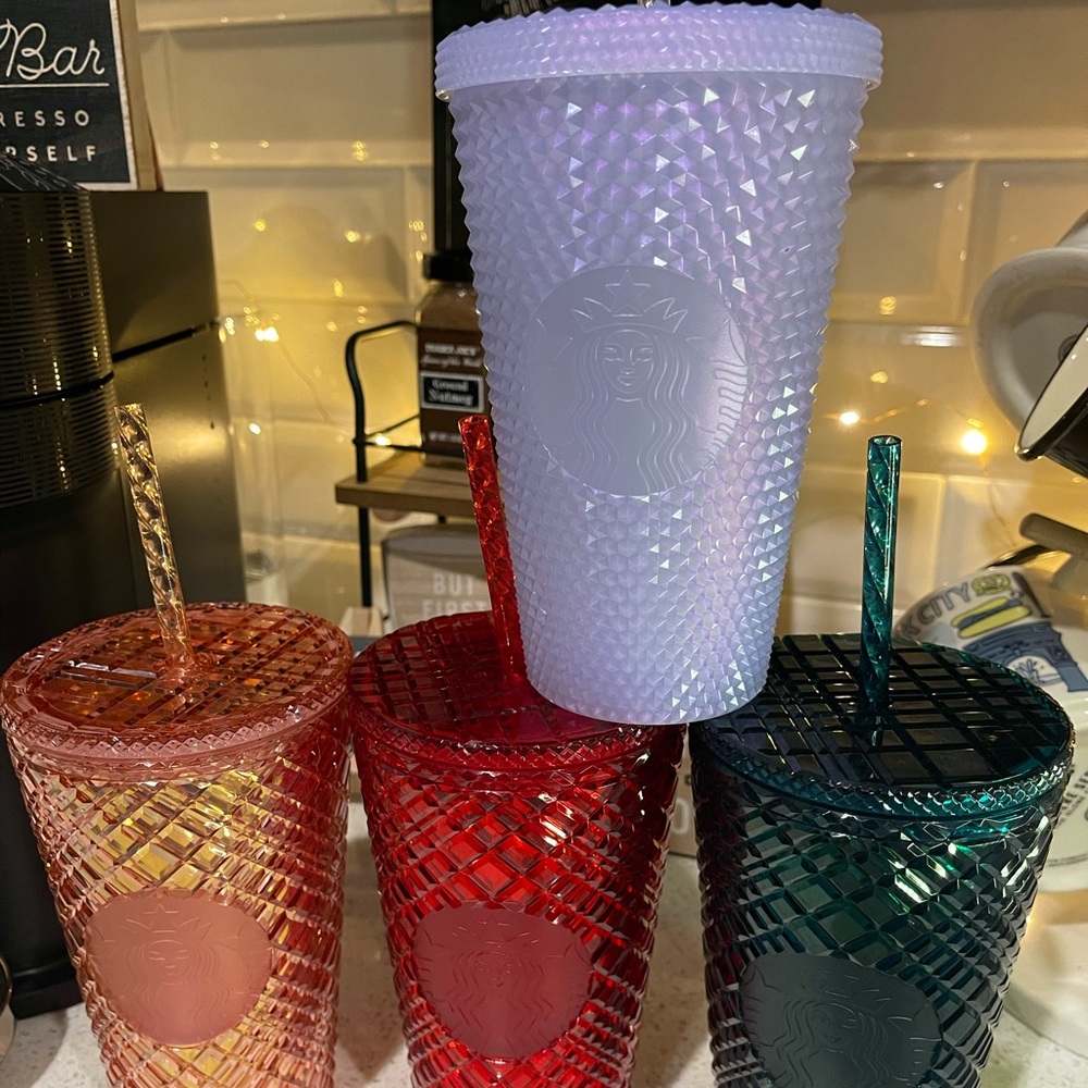Starbucks 4 Grande Cups 2021 Lilac, Green, Red, Rose Gold Crystals Studded